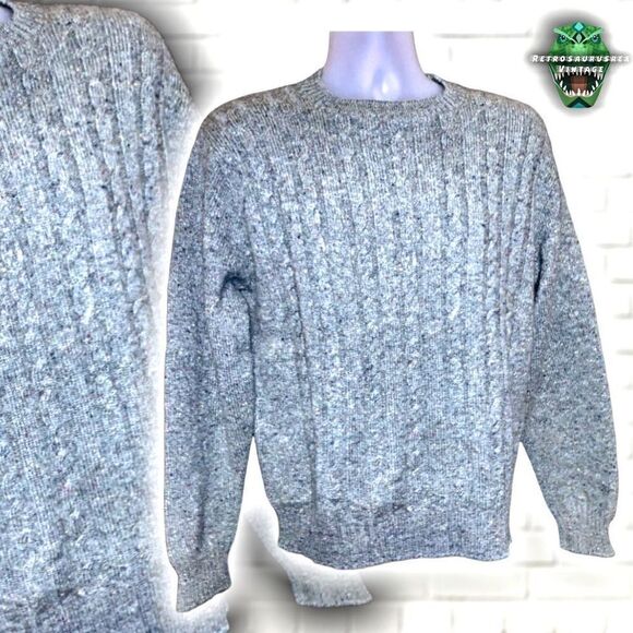 70S Jantzen Green Speckled Cable Knit Crewneck Sweater M